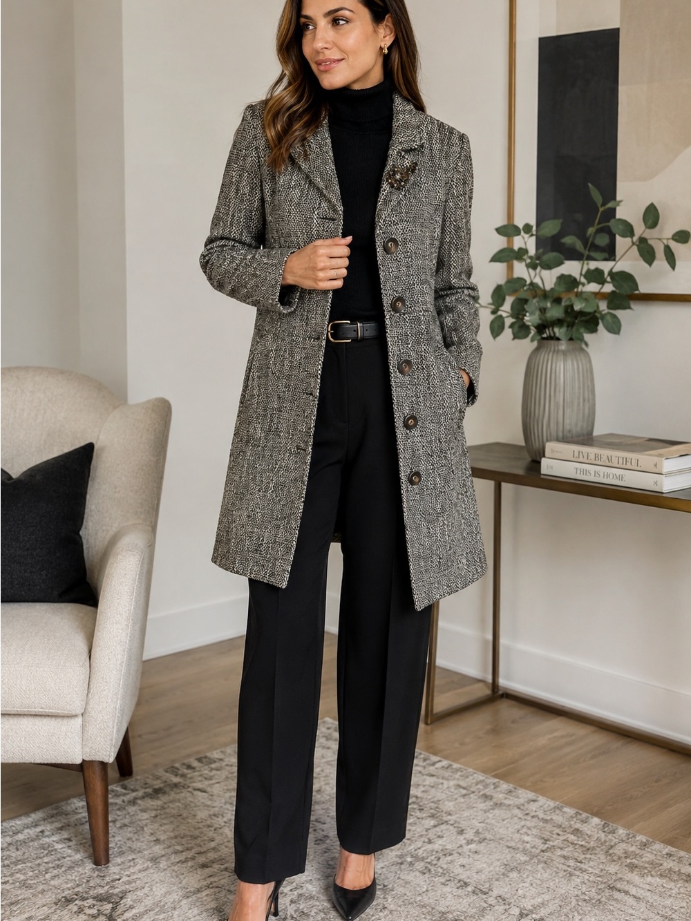 Women’s XL Long Tweed Coat Black Cream Salt & Pepper Tailored Classic